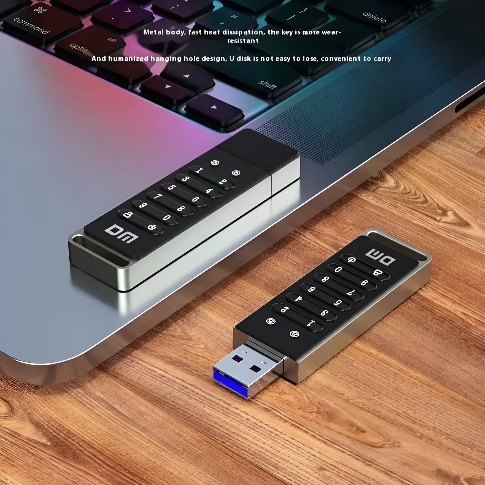64GB metal USB flash drive with fingerprint sensor for biometric security and password protection.