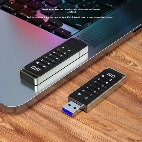 64GB metal USB flash drive with fingerprint sensor for biometric security and password protection.