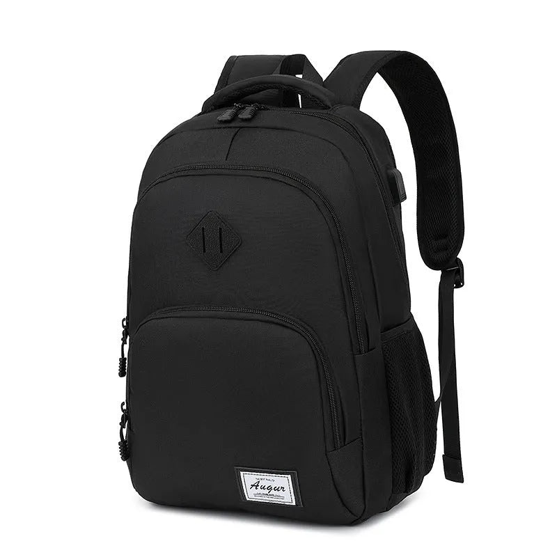 Gray nylon backpack with USB charging port and trolley case straps