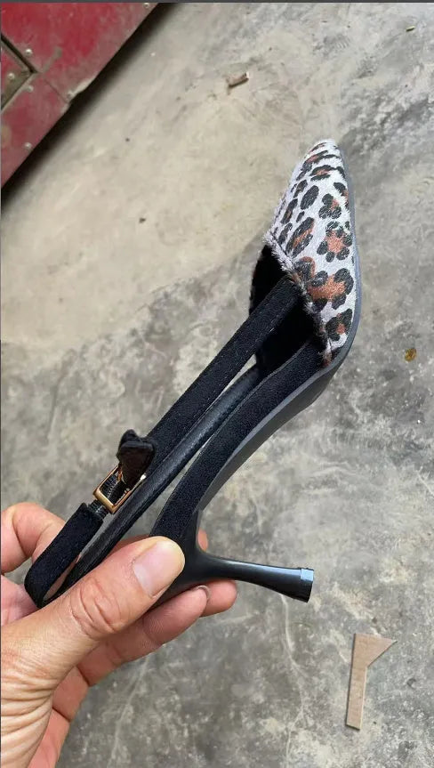 Women's leopard print suede sandals with a scattered pointed toe and high heel
