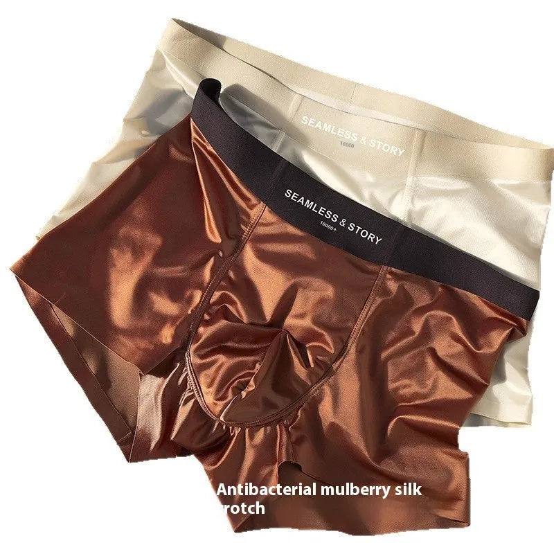 Men's satin underwear in Ice Silk fabric on a mid-waist mannequin, showing coffee, light grey and blue colour options.