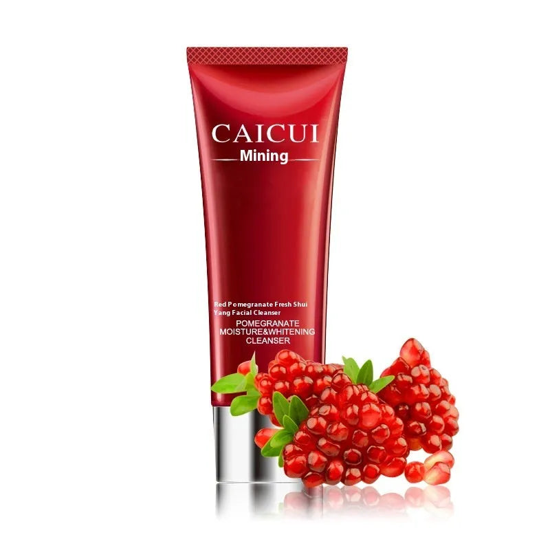 Pomegranate skincare set with four red packaged products: cleanser, toner, lotion and facial cream