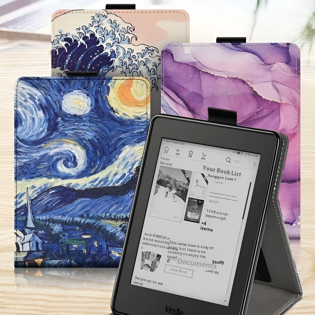 Kindle Paperwhite 6-inch protective case in bracket style, showing TPU construction and example design options.