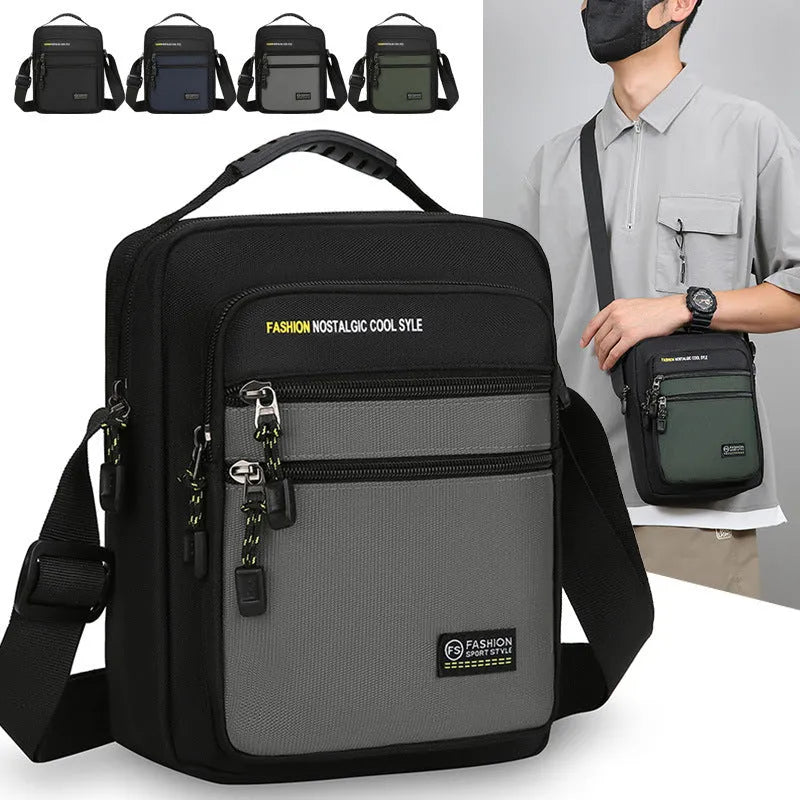 Men's waterproof nylon crossbody bag in green colour with polyester lining and sewing thread detail