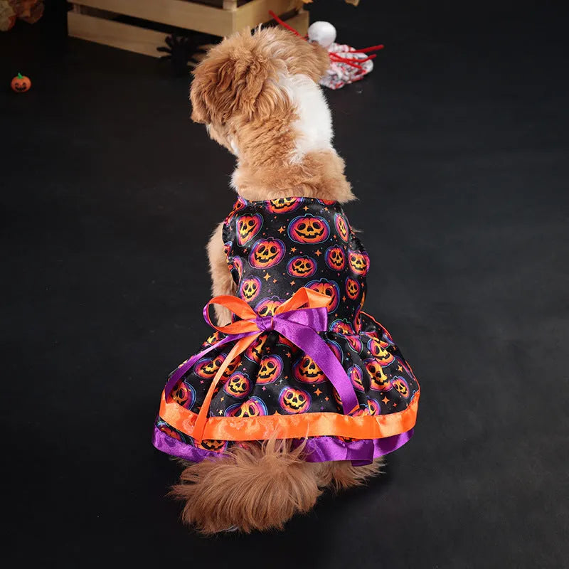 Halloween dog skirt with colourful pumpkin print, double-layer design, shown on a dog