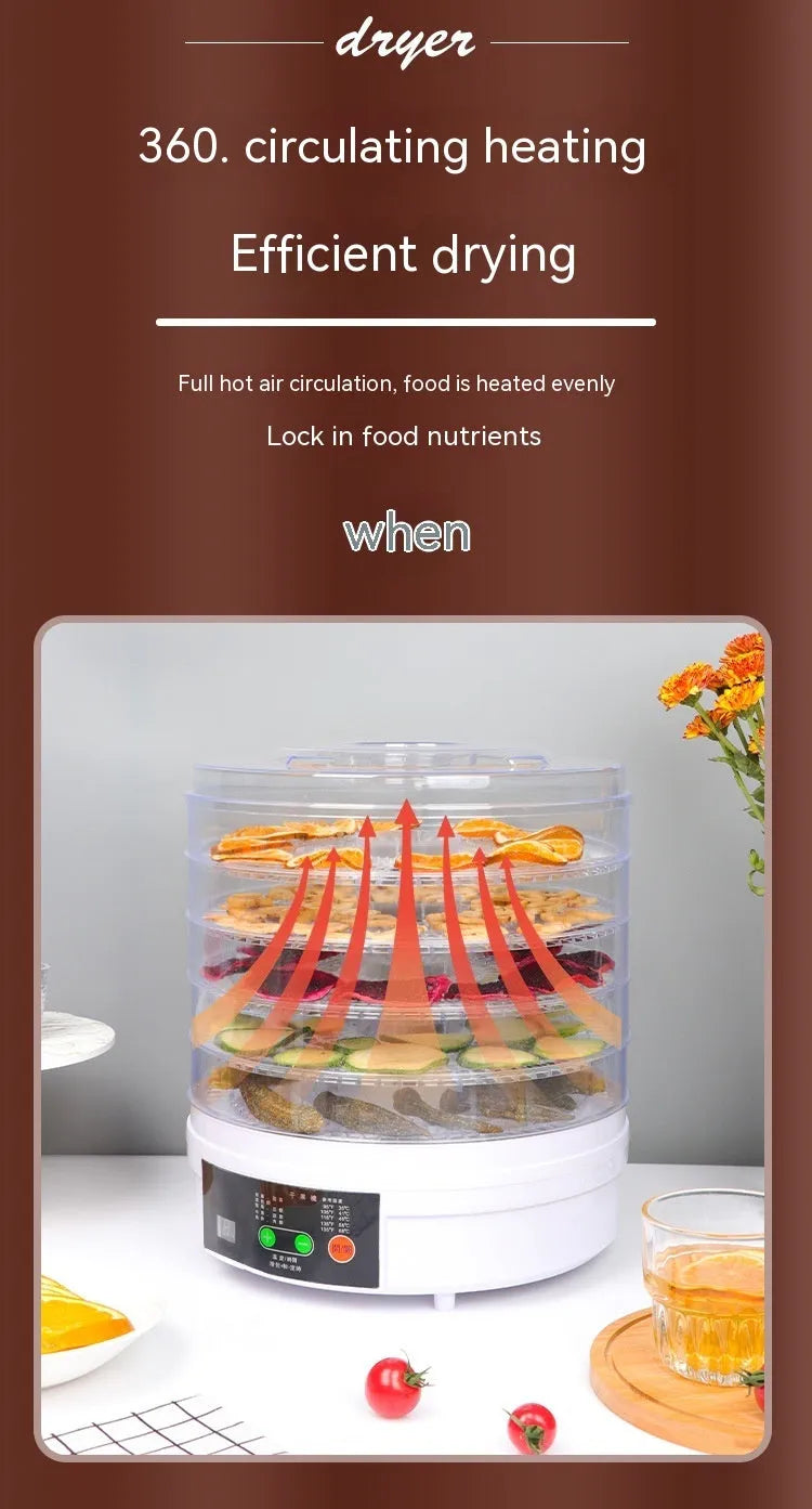 Five-layer household food dehydrator with UK plug on kitchen countertop
