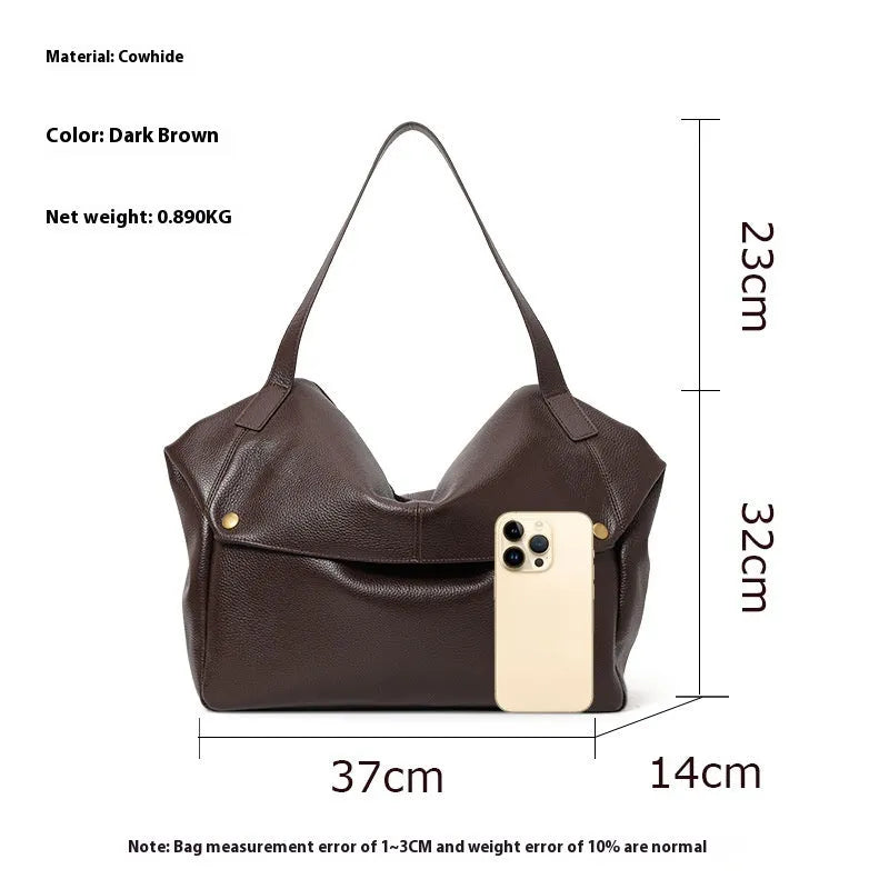 Brown genuine leather women's commuter shoulder bag showing horizontal square design