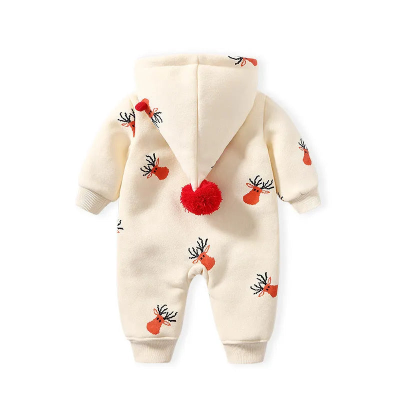 Khaki padded baby crawling clothes with Christmas moose print, cotton material, size 59 to 90 cm