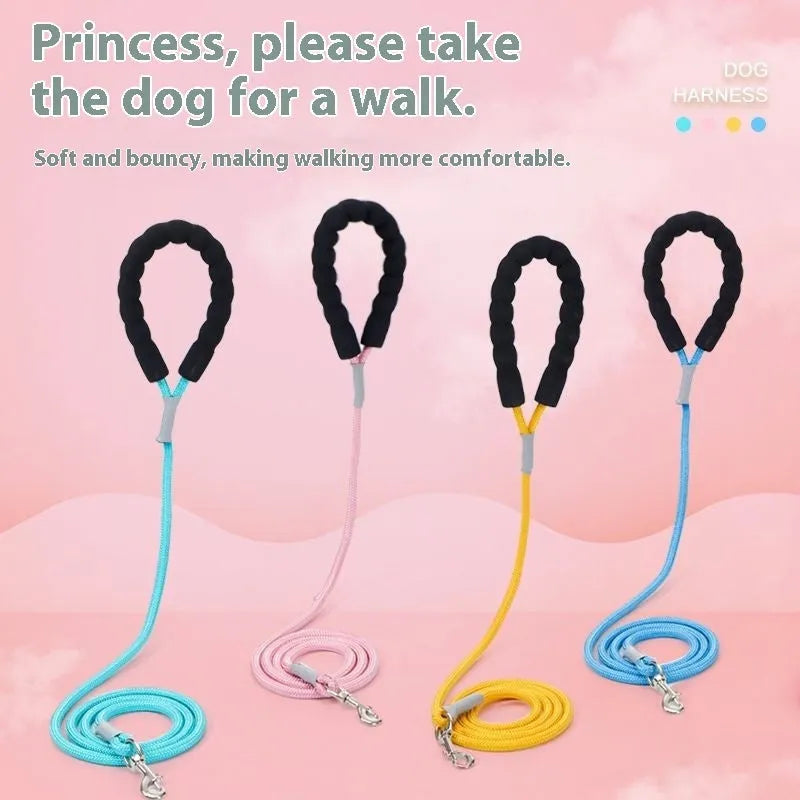 Pet walking vest with hand-held rope in blue, green, pink, or yellow colours