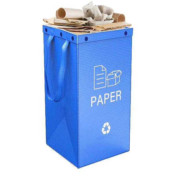 Blue 40-litre plastic handbag-style garbage bin with dimensions 30cm by 50cm by 30cm.