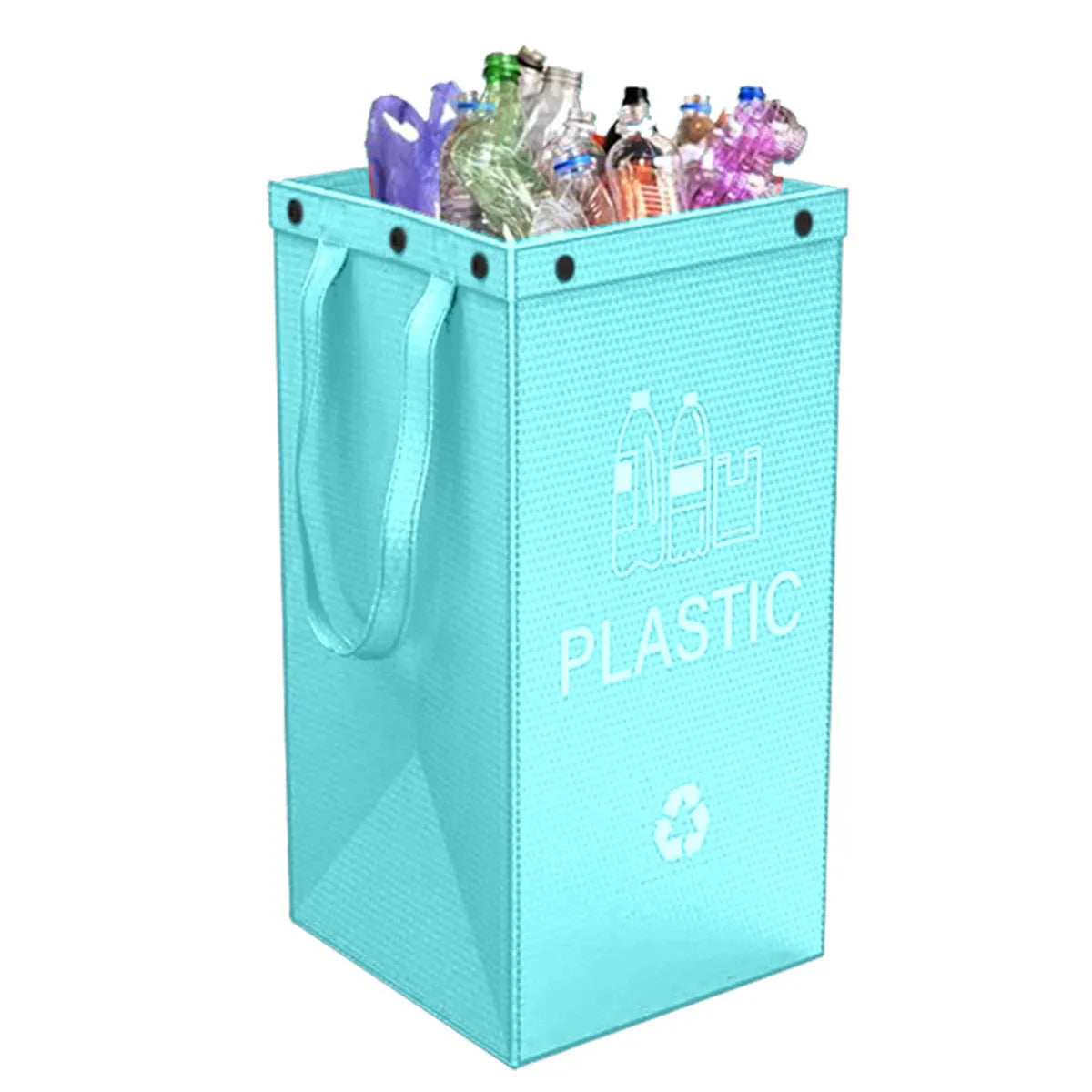 Blue 40-litre plastic handbag-style garbage bin with dimensions 30cm by 50cm by 30cm.