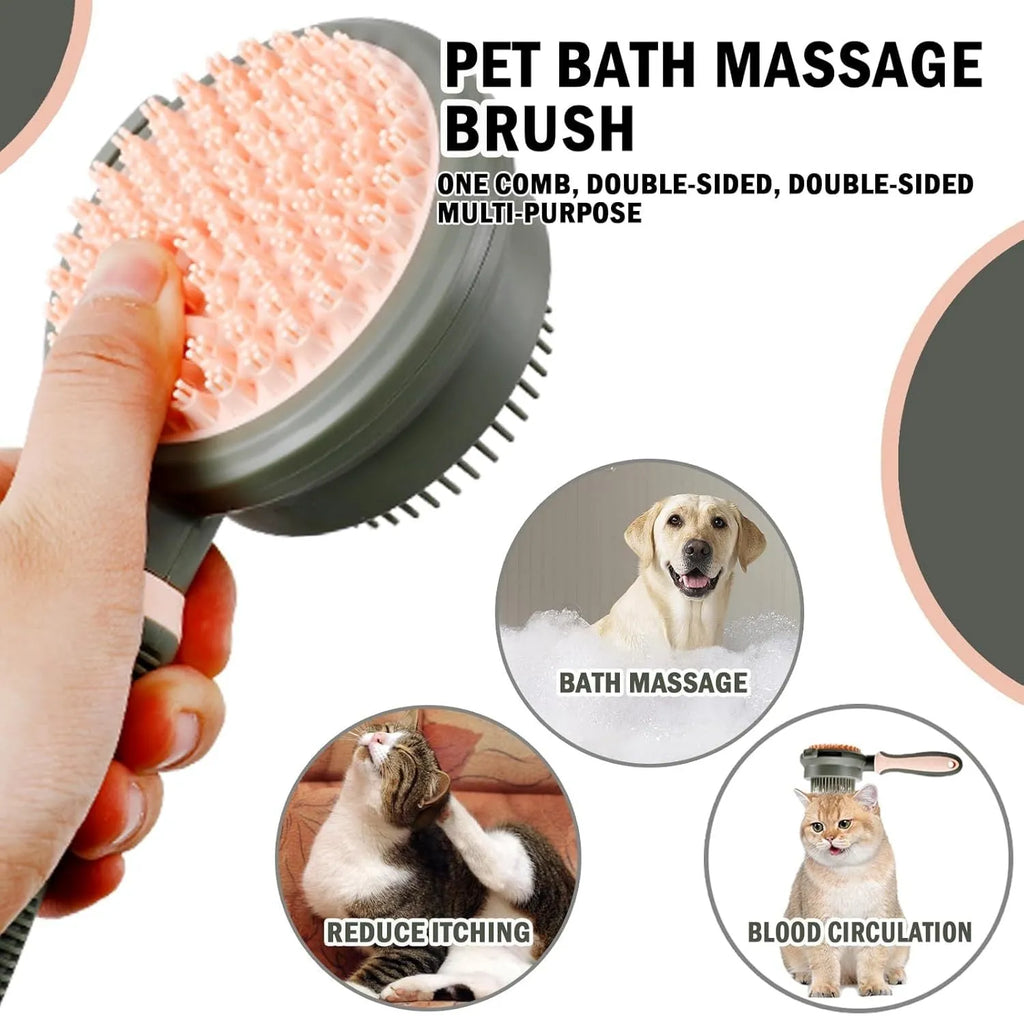 Double-sided pink cat brush with release button and matching flea comb for pet grooming