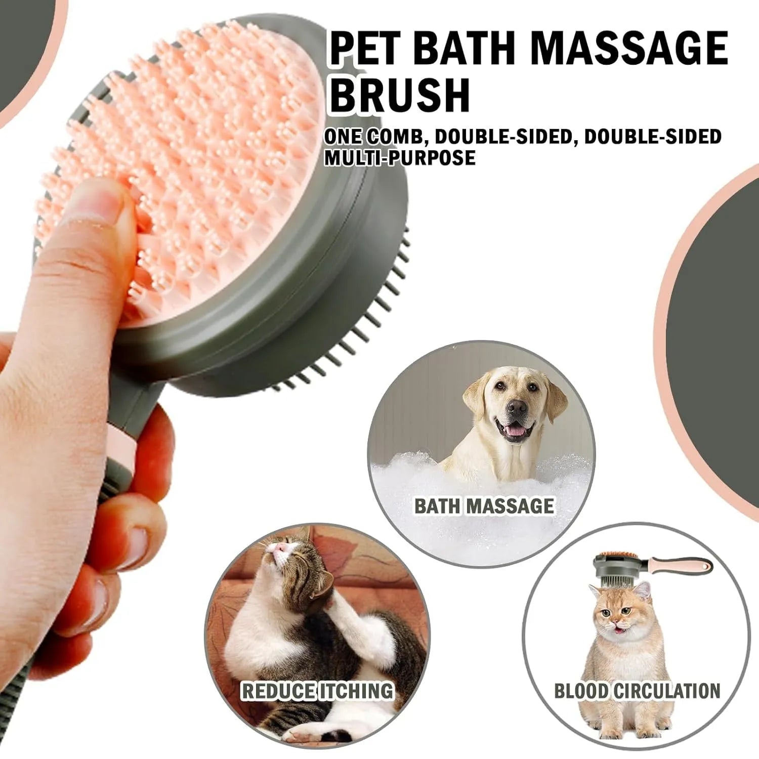 Double-sided pink cat brush with release button and matching flea comb for pet grooming
