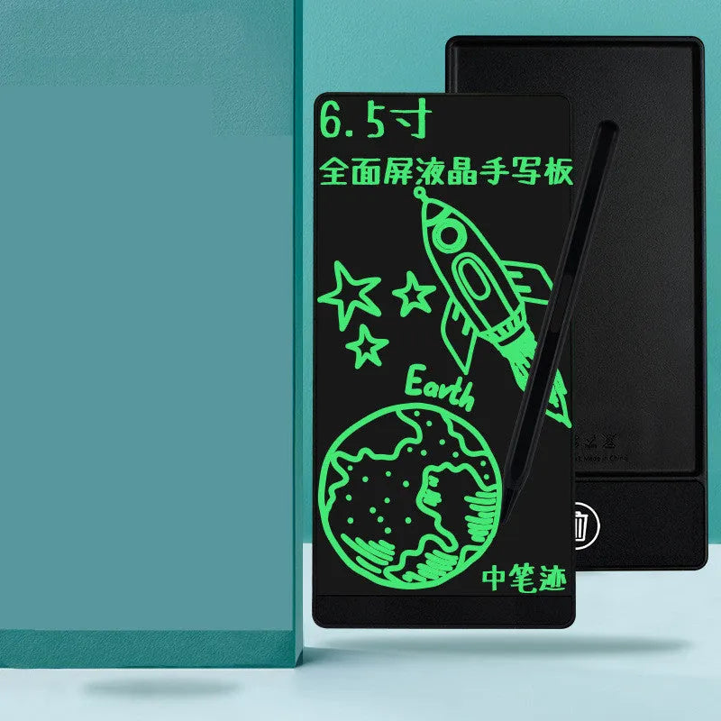 Blue and black LCD handwriting board with 6.5-inch screen and stylus on a desk.