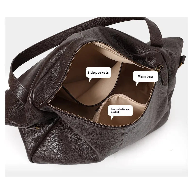 Brown genuine leather women's commuter shoulder bag showing horizontal square design