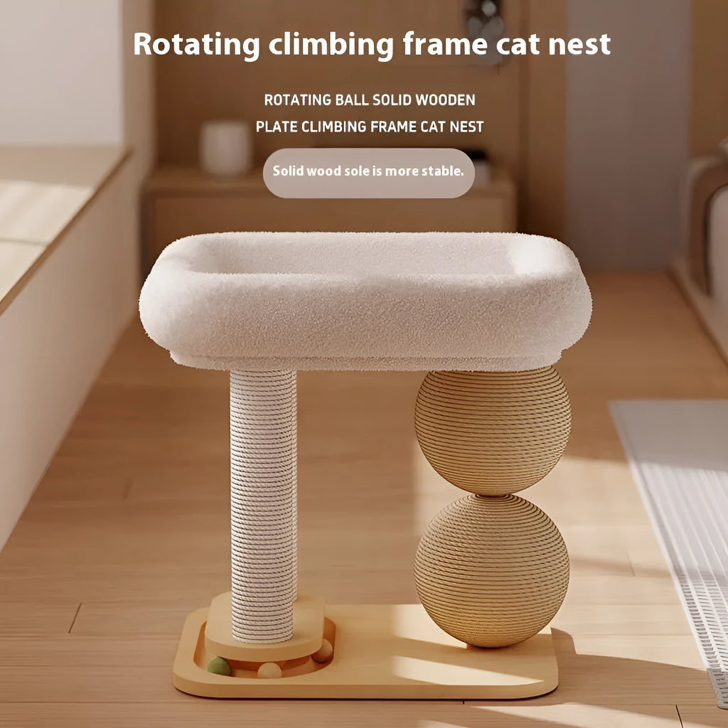 Pine wood cat scratching ball nest with integrated resting area in three style variations