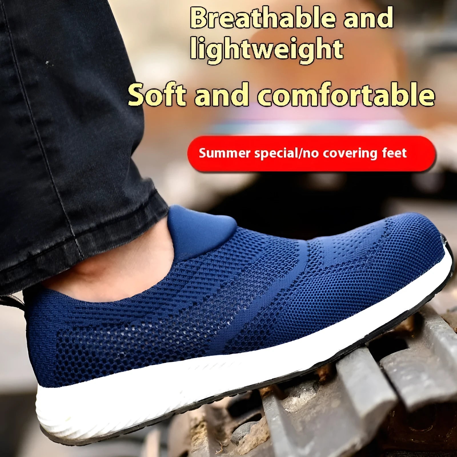 Men's lightweight steel toe work shoes in black, blue and red colours with mesh upper and low-top design