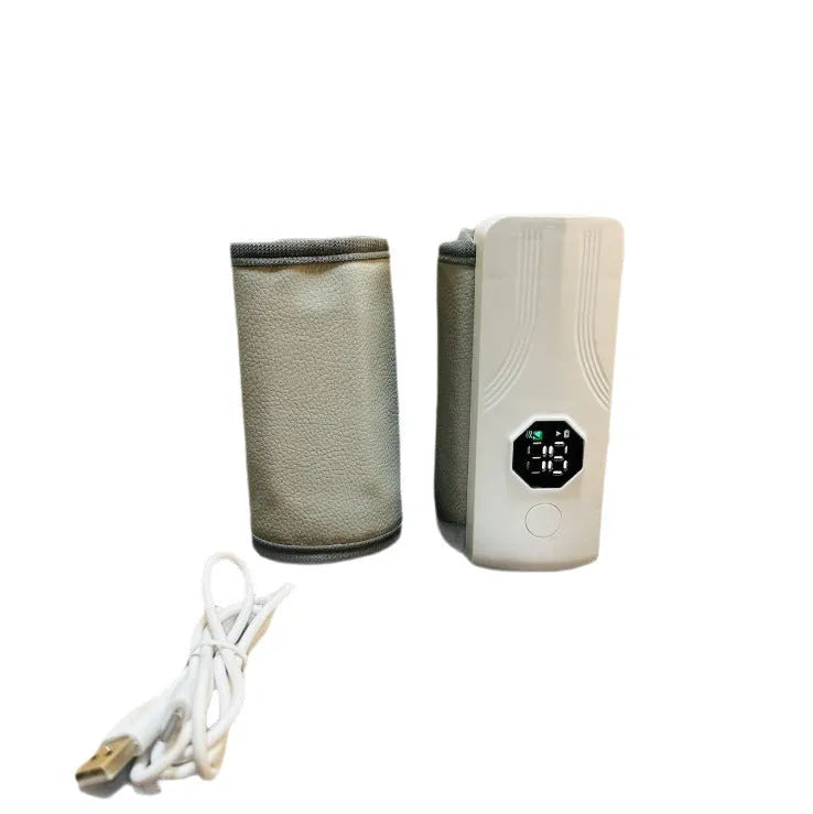Grey and white car charger milk warmer for infant bottles with 12V power connection