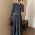 Gray knitted dress suit two-piece set with artistic retro style, free size, dark gray colour