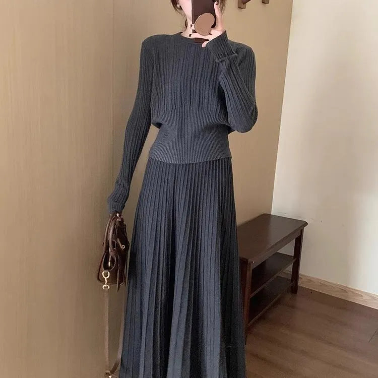 Gray knitted dress suit two-piece set with artistic retro style, free size, dark gray colour