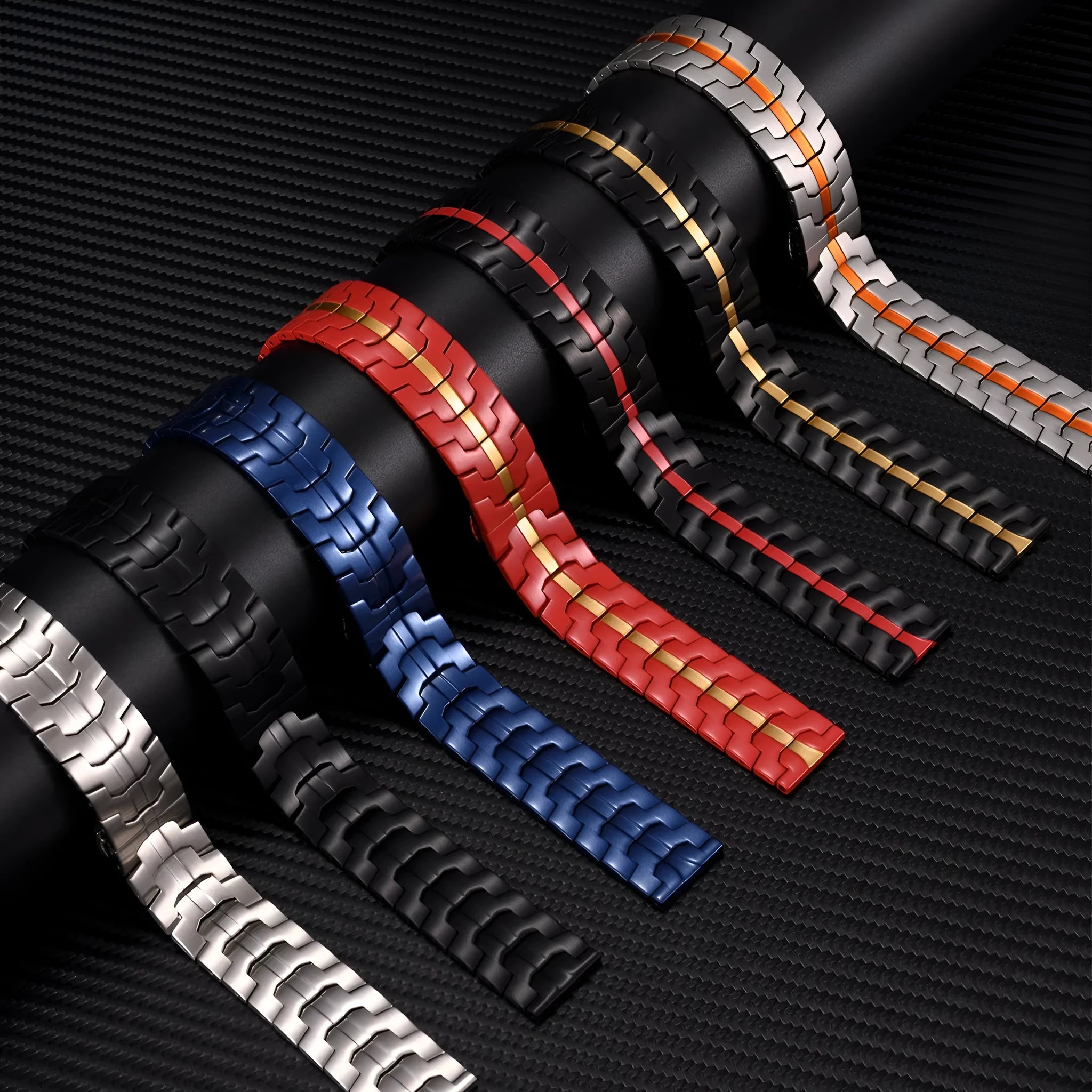 Stainless steel Samsung Galaxy Watch band in multiple colour options showing 20mm and 22mm universal sizes