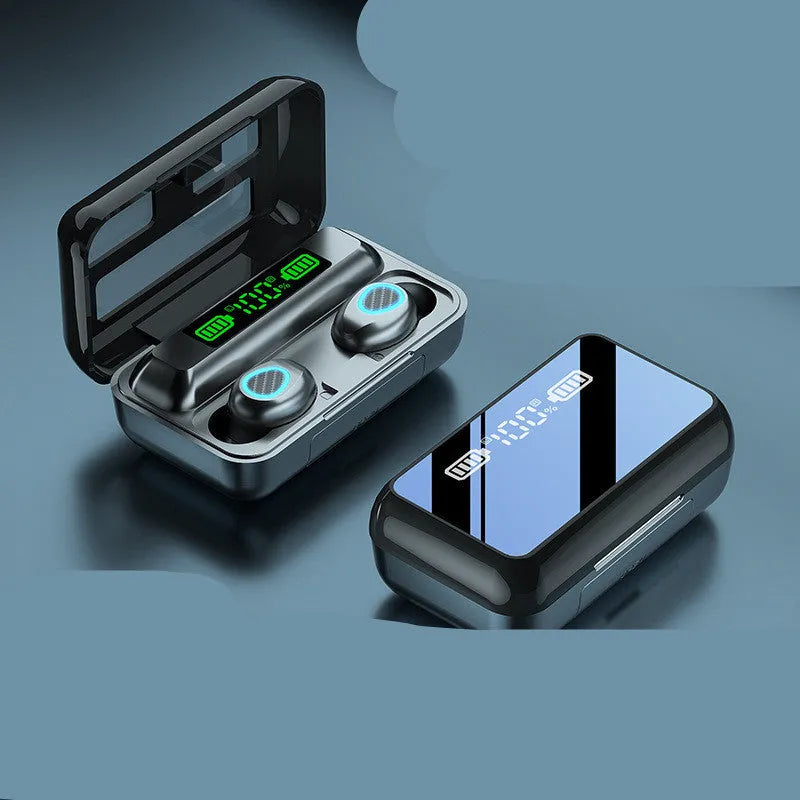 R15 TWS Bluetooth binaural in-ear headset with charging cabin, black finish, showing magnetic nano charging contacts