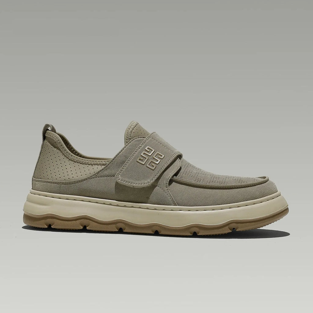 Men's breathable perforated fabric casual shoes in khaki green with Velcro closure and round toe