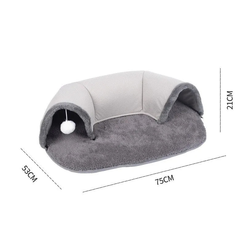 Oval cat tunnel nest in artificial leather and cotton velvet, small size 65x49x17cm
