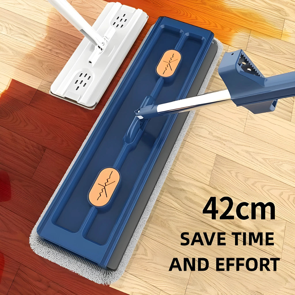 Large flat mop with blue rotating head and stainless steel long handle next to two microfibre cloths