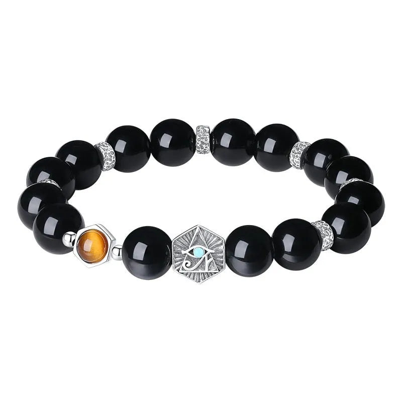 Men's God's Eye bracelet with 8mm obsidian beads and geometric silver design