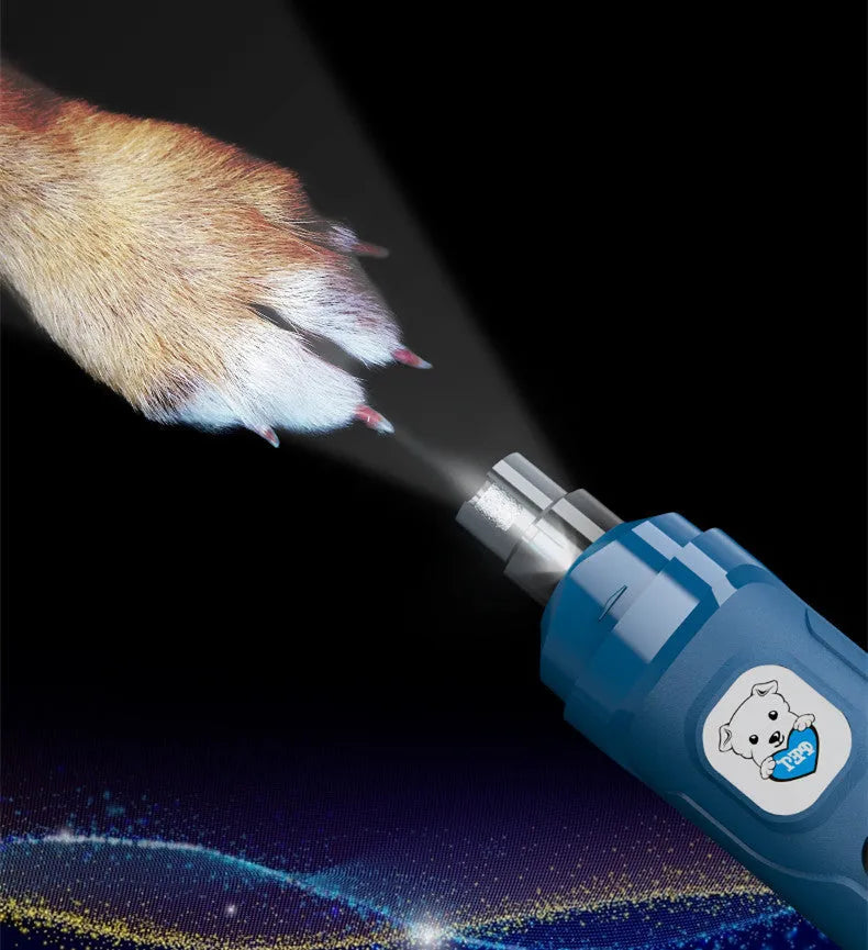 Blue pet electric nail sharpener with USB charging cable on white background