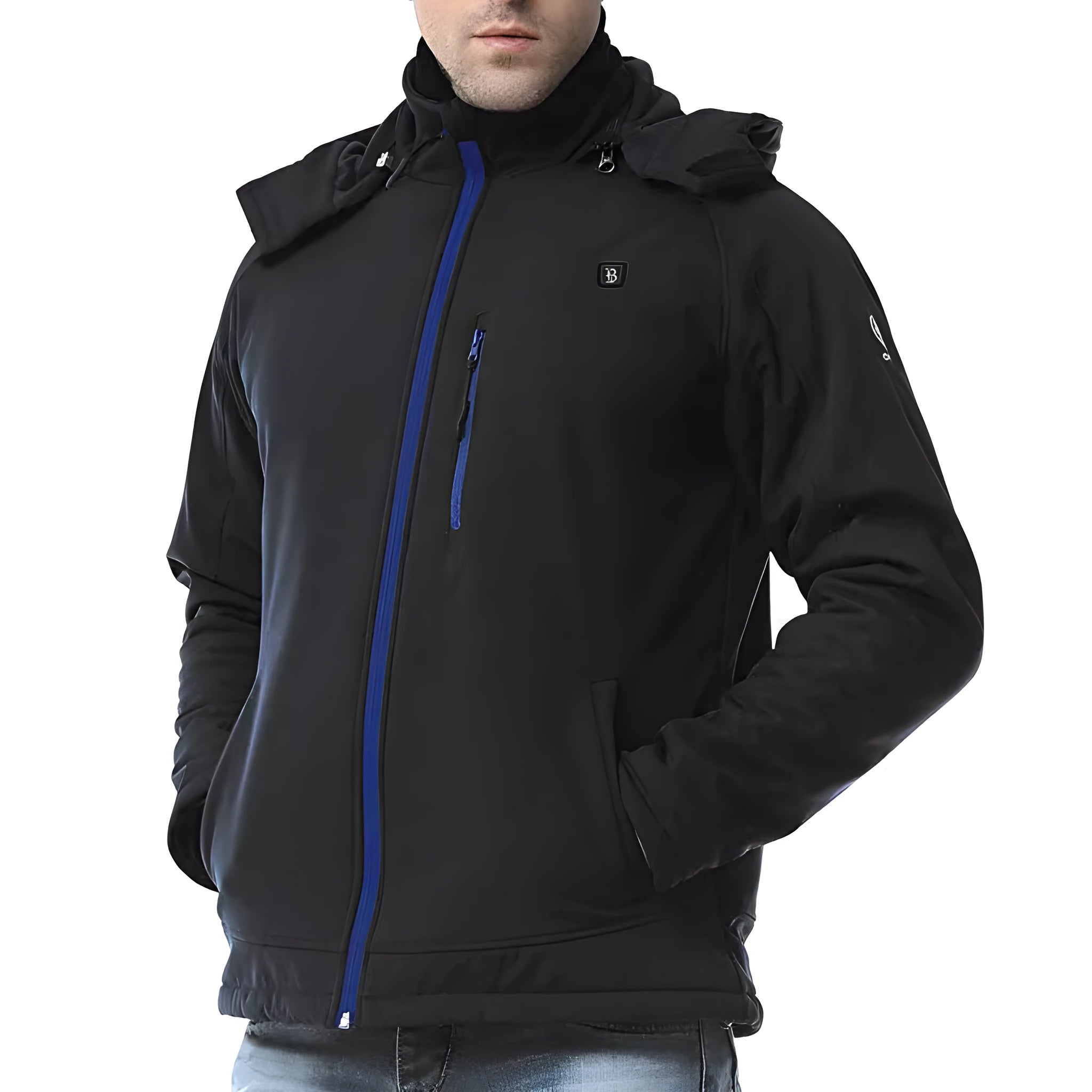 Black men's USB heated waterproof windproof winter coat with zipper pockets and long sleeves