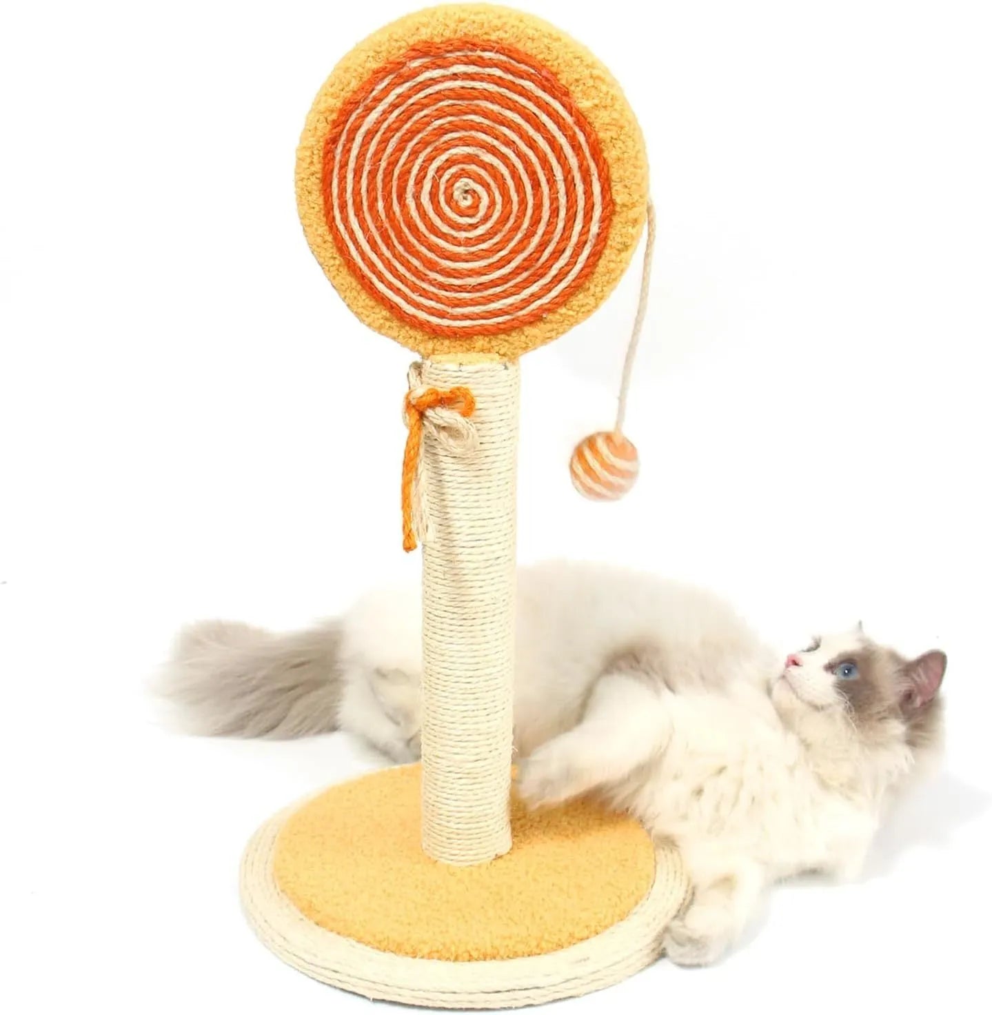 Blue sisal rope cat scratching post with a hanging ball on a sturdy wooden base.