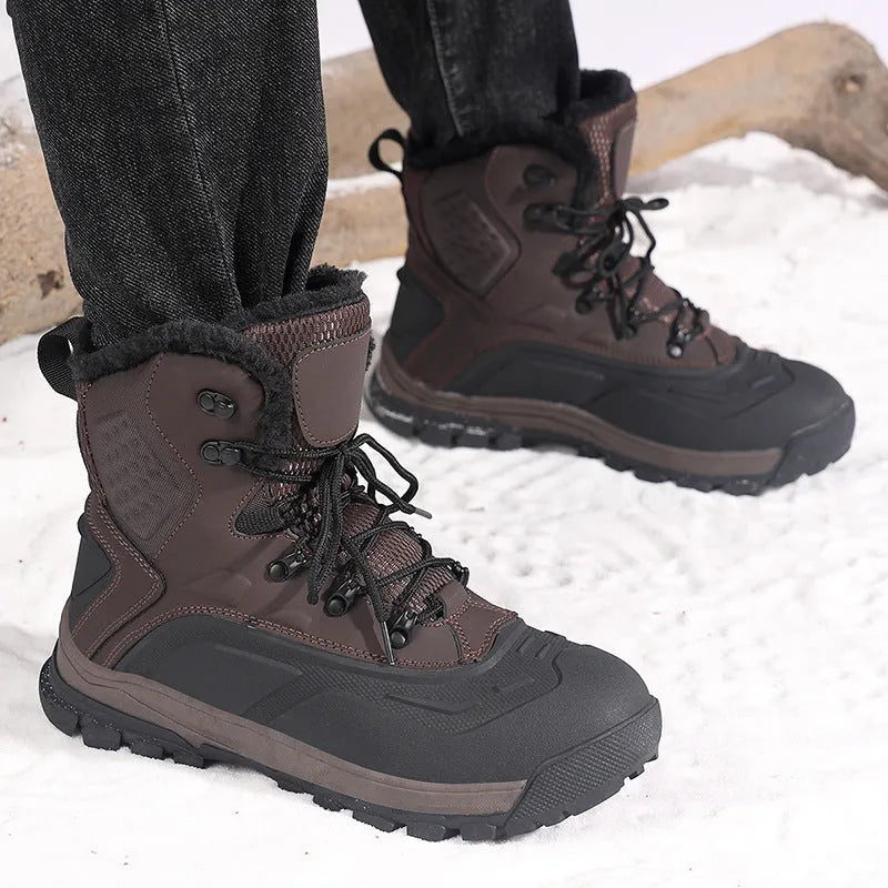 Men's black fleece-lined high-top lace-up boots with a ribbed TPR sole on a plain background.