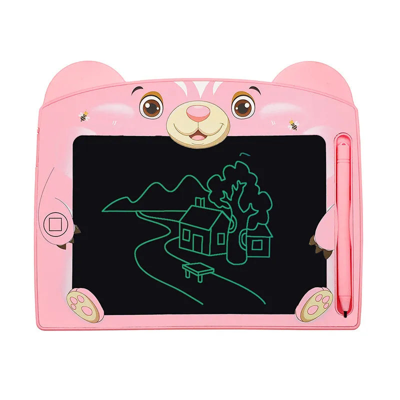 Cartoon children's LCD handwriting drawing board in sky blue, showing a doodle on the 230mm screen with stylus