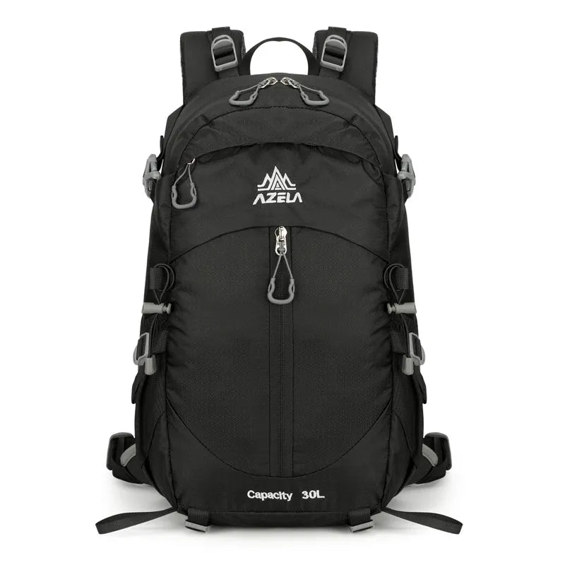 AZELA 30L Outdoor Hiking Backpack in black with adjustable straps on a white background