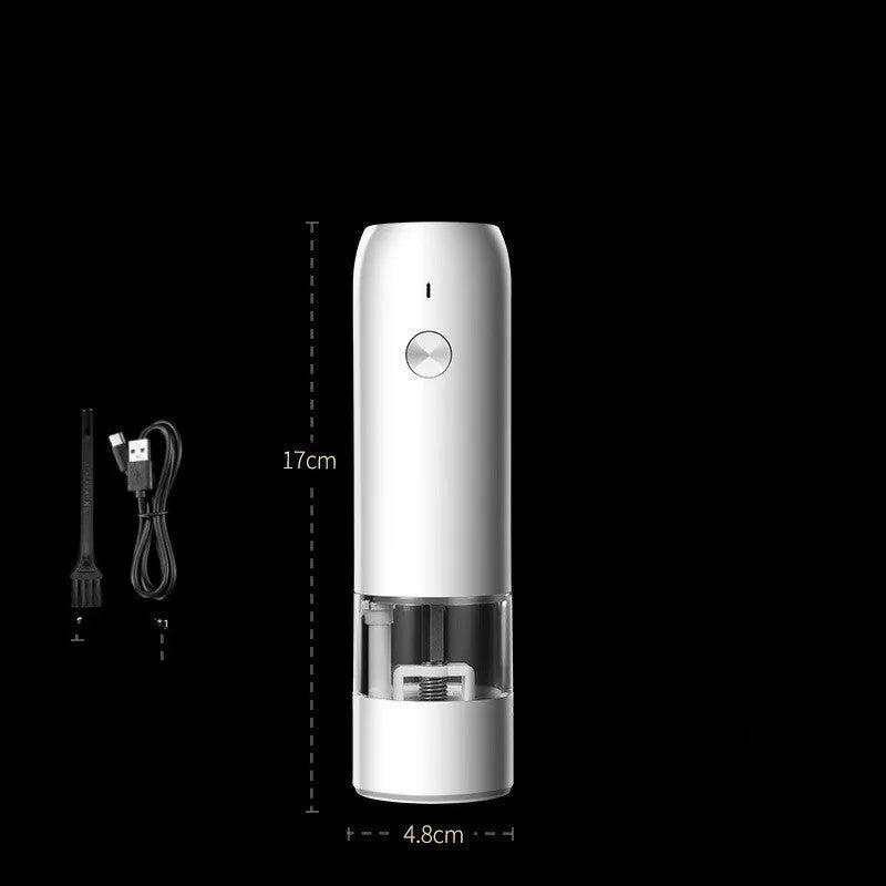 Rechargeable electric pepper and salt grinder set with clear acrylic body, LED light, and USB charging cable