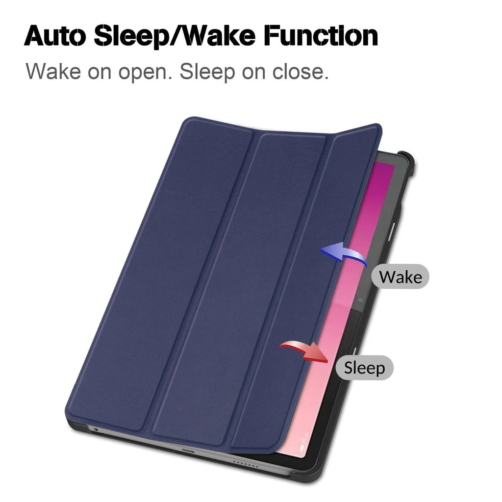 Lenovo Tab P12 tablet case showing three-fold design with bracket and magnetic closure in decorative colour options
