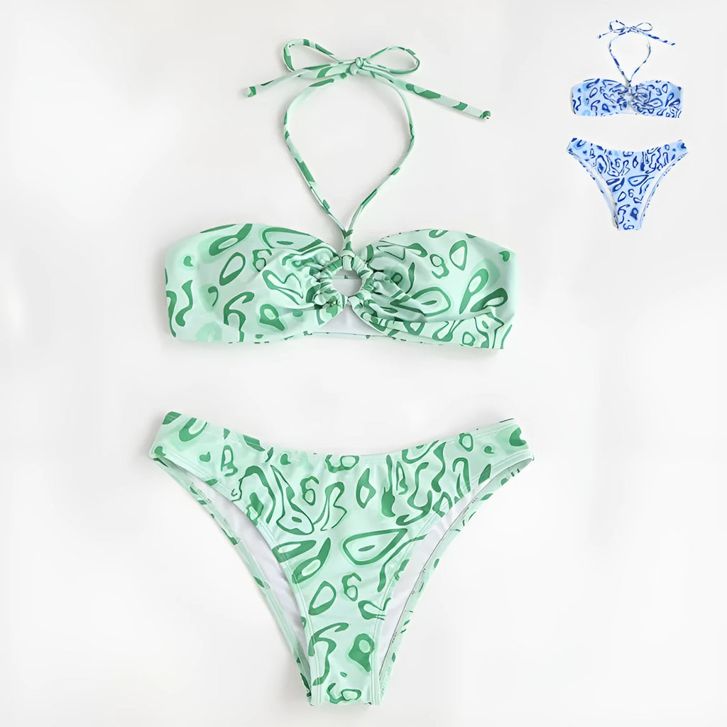 Women's blue floral bandeau bikini with split swimsuit design showing front and back views