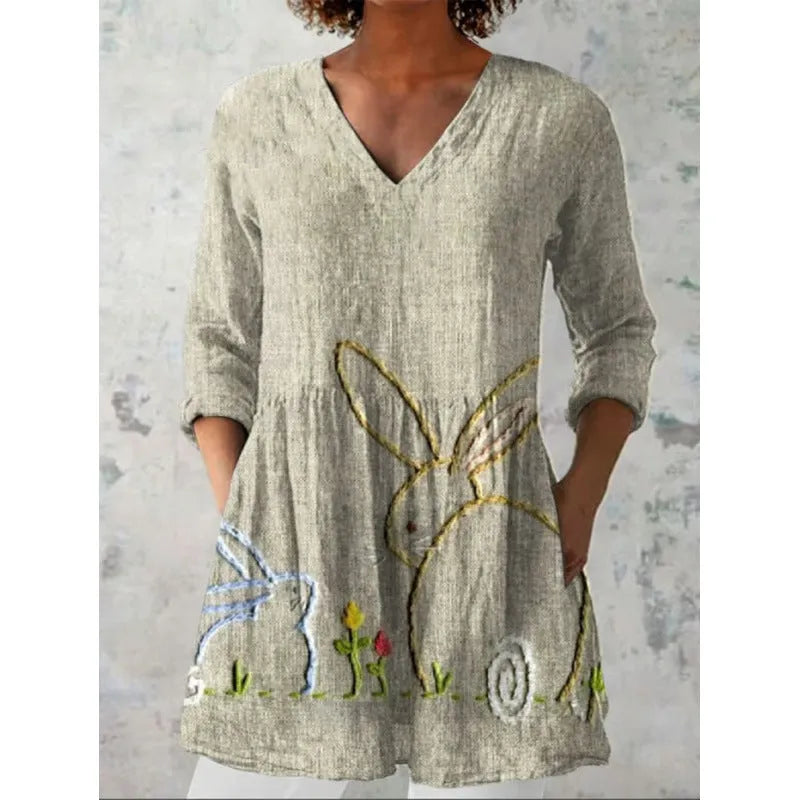 Women's printed loose dress with wave pattern, wide waist, and 3/4 sleeves in polyester fabric
