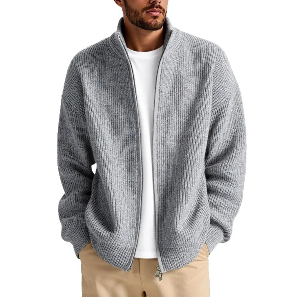 Loose men's cardigan sweater coat in acrylic blend, shown in milky white colour