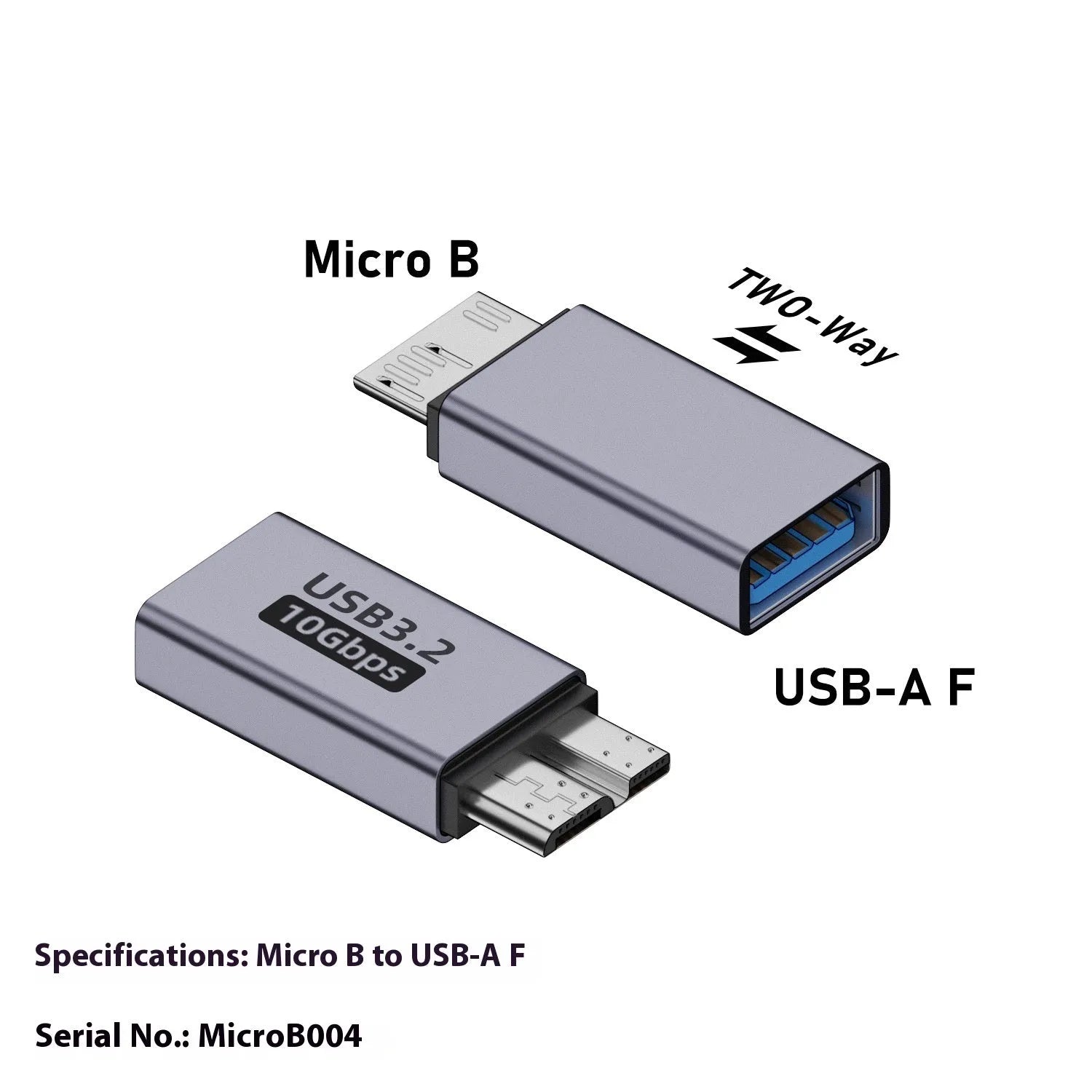 Micro USB B adapter converter showing Type-C and USB-A to Micro B male plug connections for charging and data transfer.