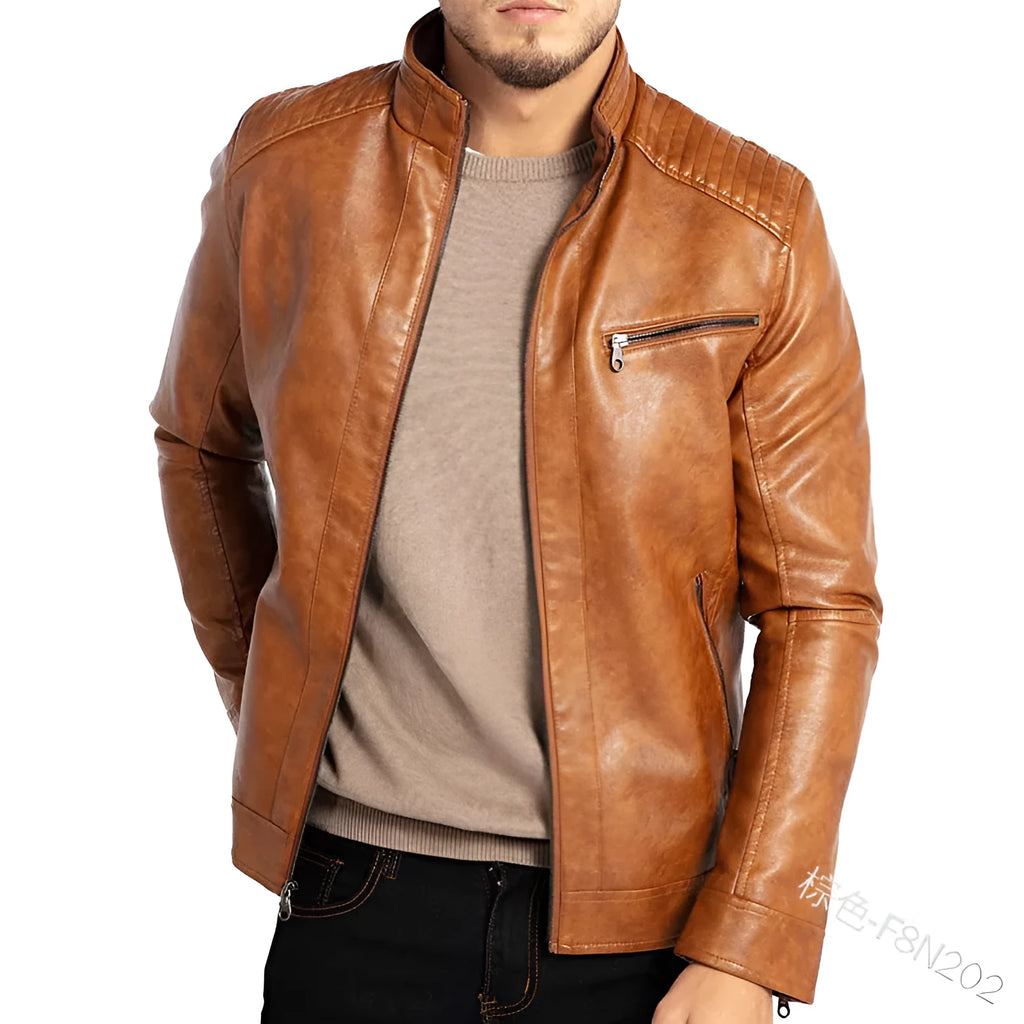 Men's punk motorcycle artificial leather jacket with stand collar in Army Green colour