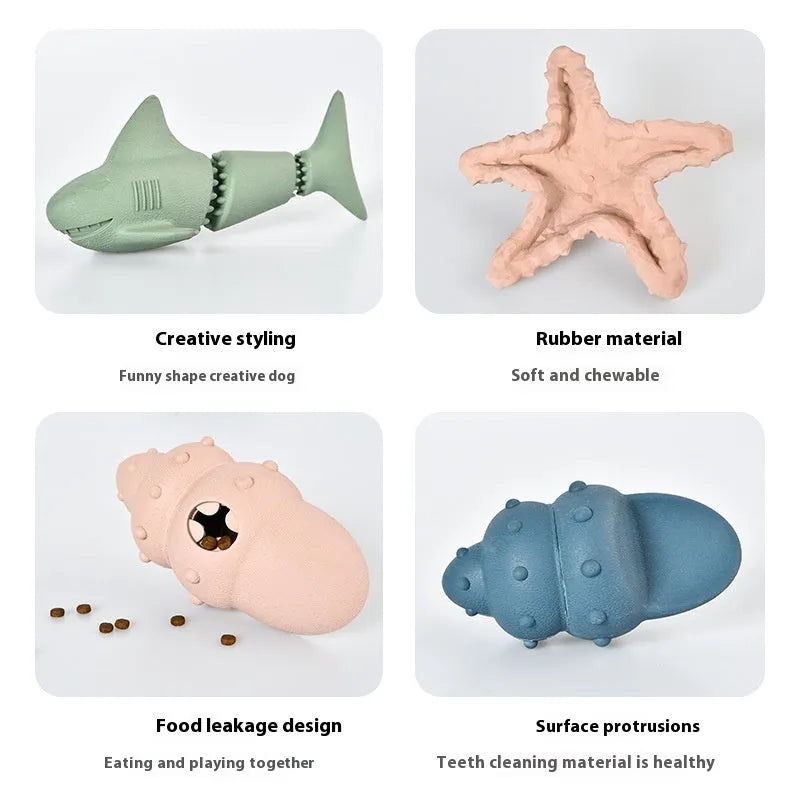 Deep Sea Shark shaped rubber dog chew toy in blue and green colour options.