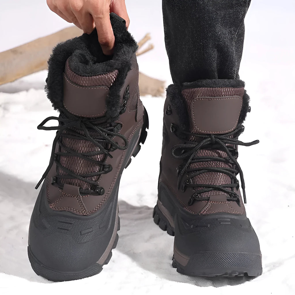 Men's black fleece-lined high-top lace-up boots with a ribbed TPR sole on a plain background.