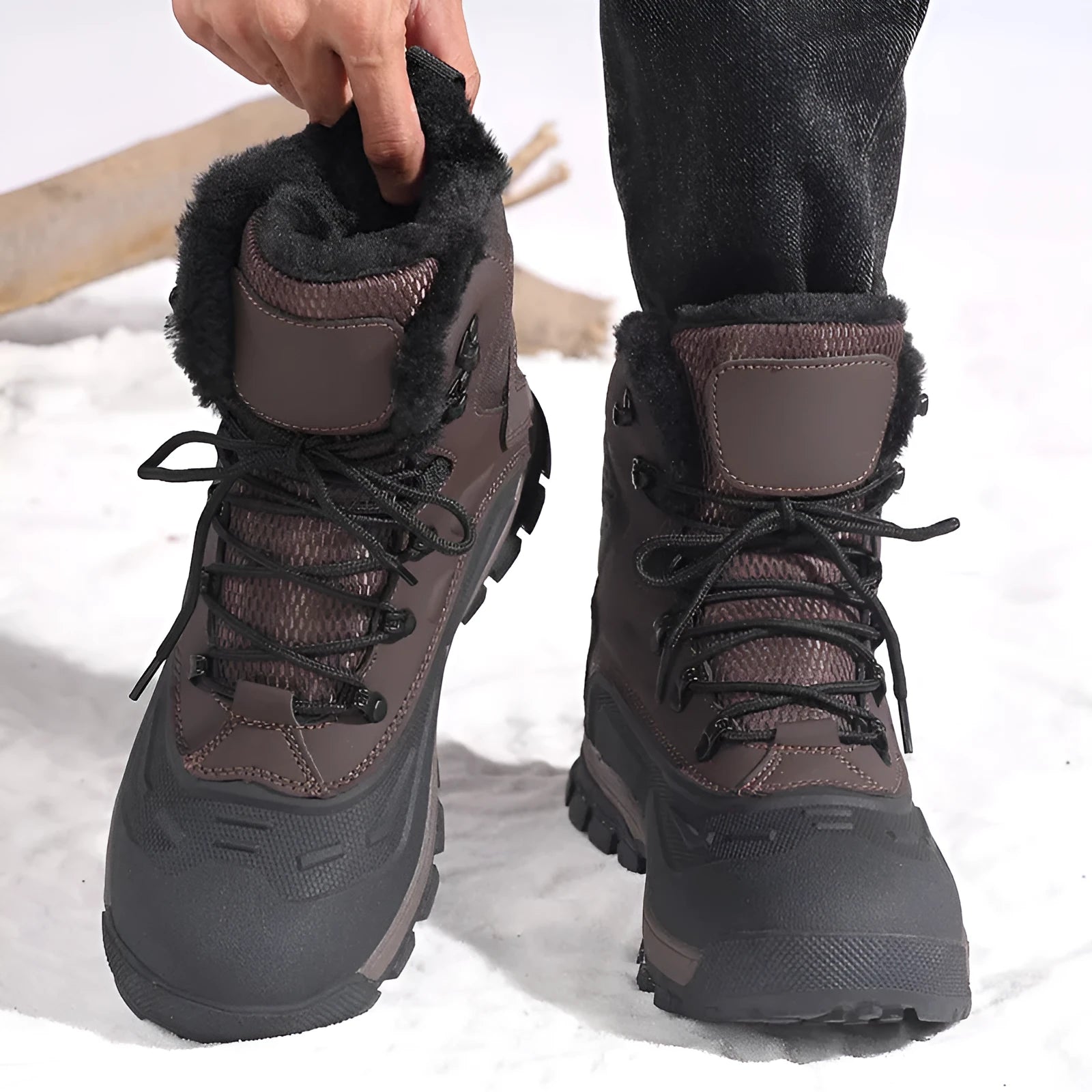 Men's black fleece-lined high-top lace-up boots with a ribbed TPR sole on a plain background.