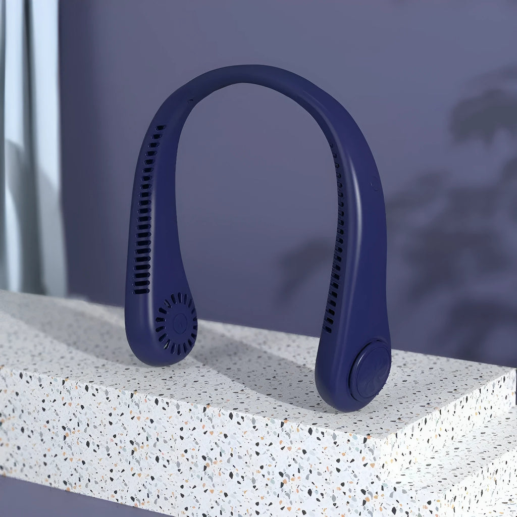 Blue USB rechargeable bladeless neck fan with a flexible neckband.
