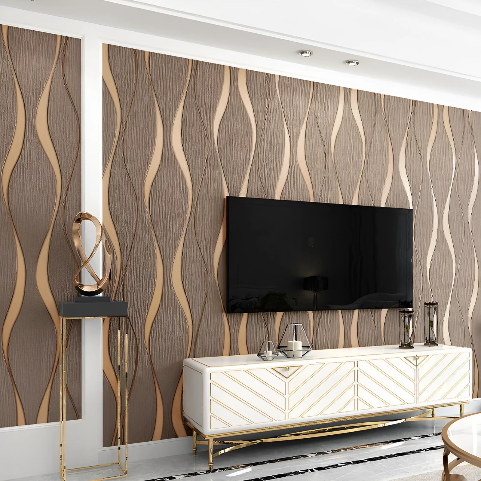 Curve stripe 3D background wallpaper roll in light grey and dark brown deerskin velvet finish.