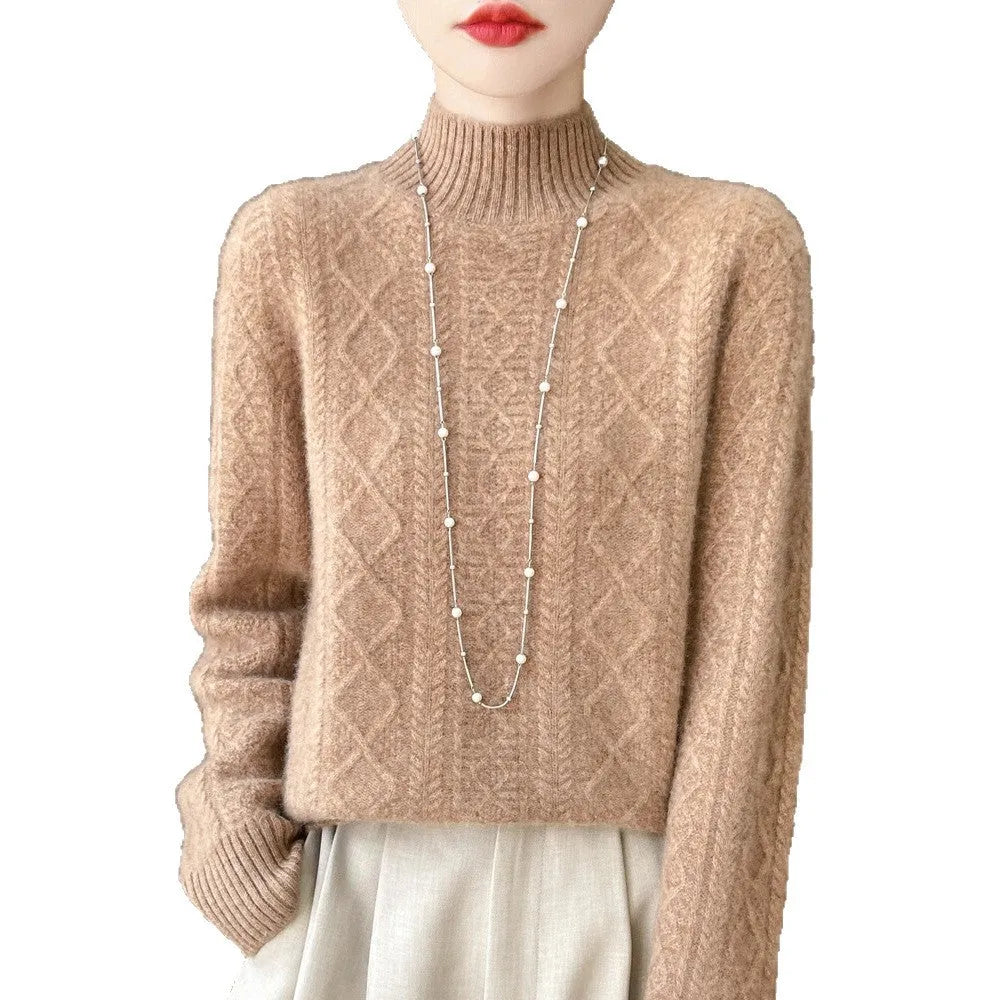 Women's semi-high neck loose knit sweater in solid colour with regular sleeves