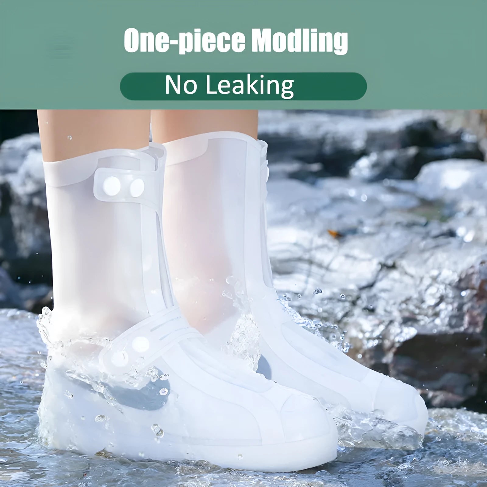 White PVC high top reusable waterproof shoe covers for women showing size options and water resistant design